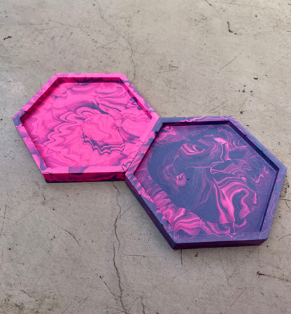 Neon Pink and Blue Marble Hexagon Coaster set