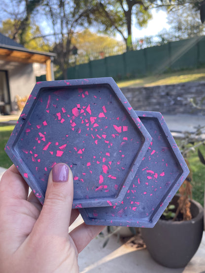 Neon Pink and Blue Terrazzo Hexagon Coaster set